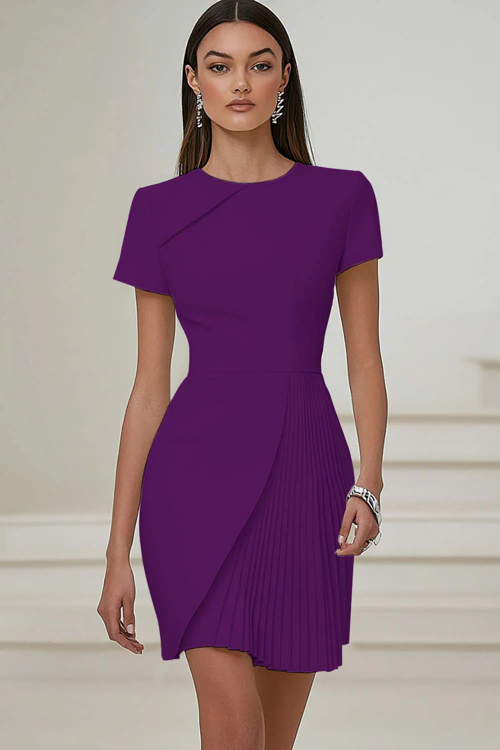 Ivory Pleated Work Dress with Short Sleeves - Image 10