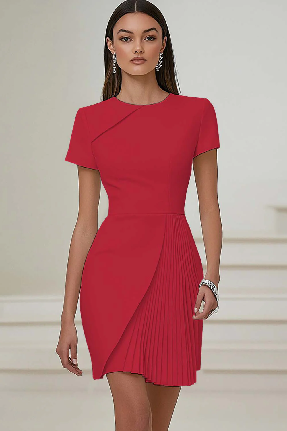 Ivory Pleated Work Dress with Short Sleeves - Image 11