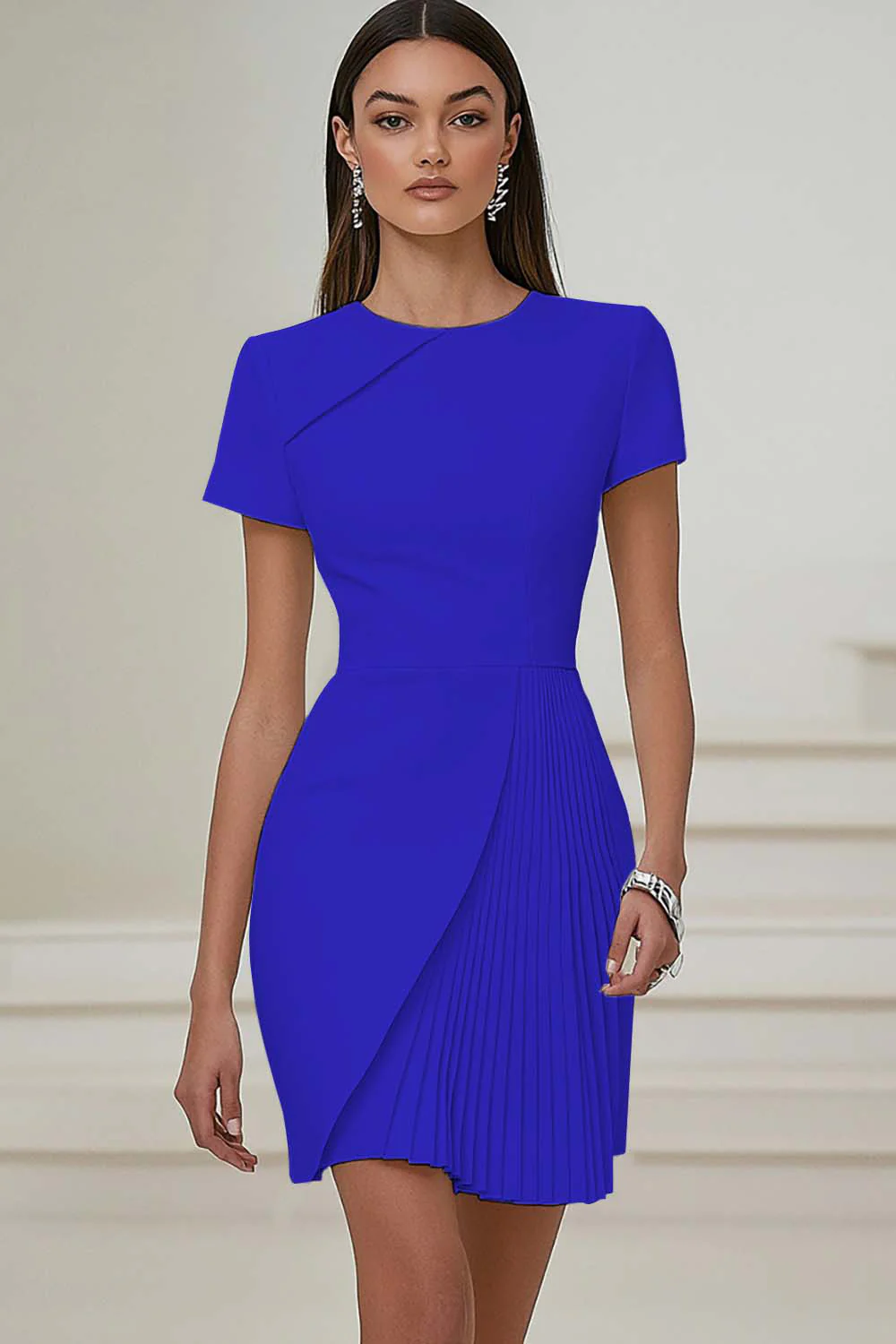 Ivory Pleated Work Dress with Short Sleeves - Image 12