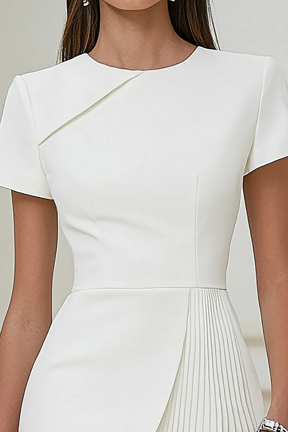 Ivory Pleated Work Dress with Short Sleeves - Image 2