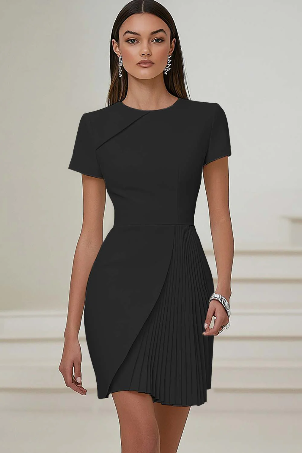 Ivory Pleated Work Dress with Short Sleeves - Image 3