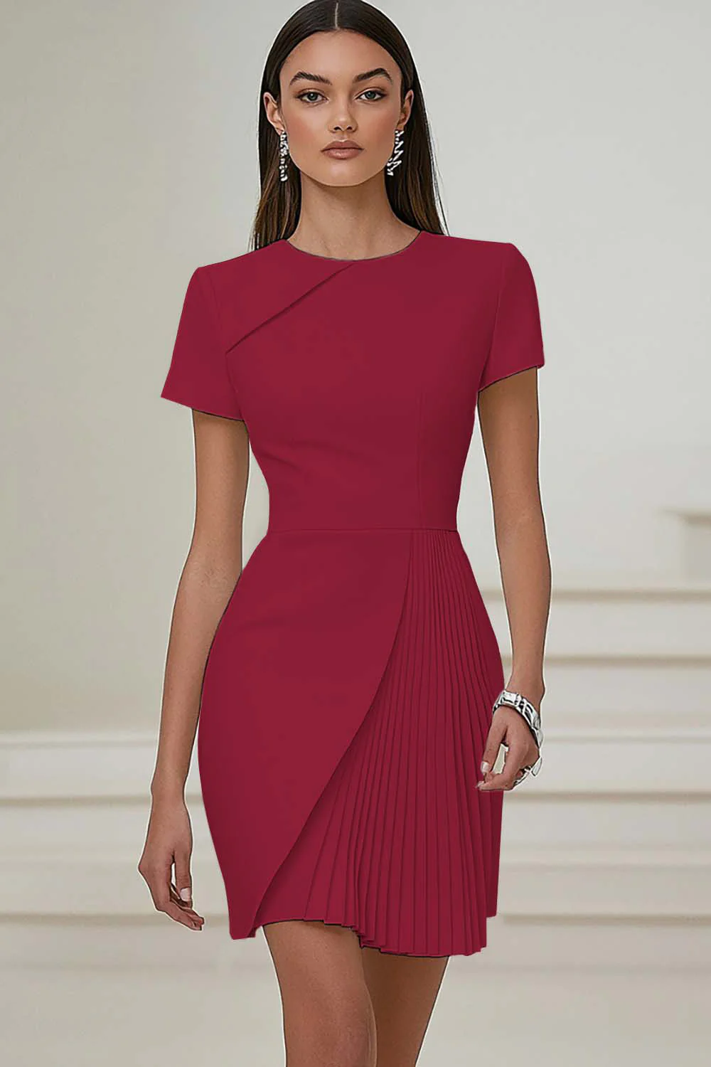 Ivory Pleated Work Dress with Short Sleeves - Image 4