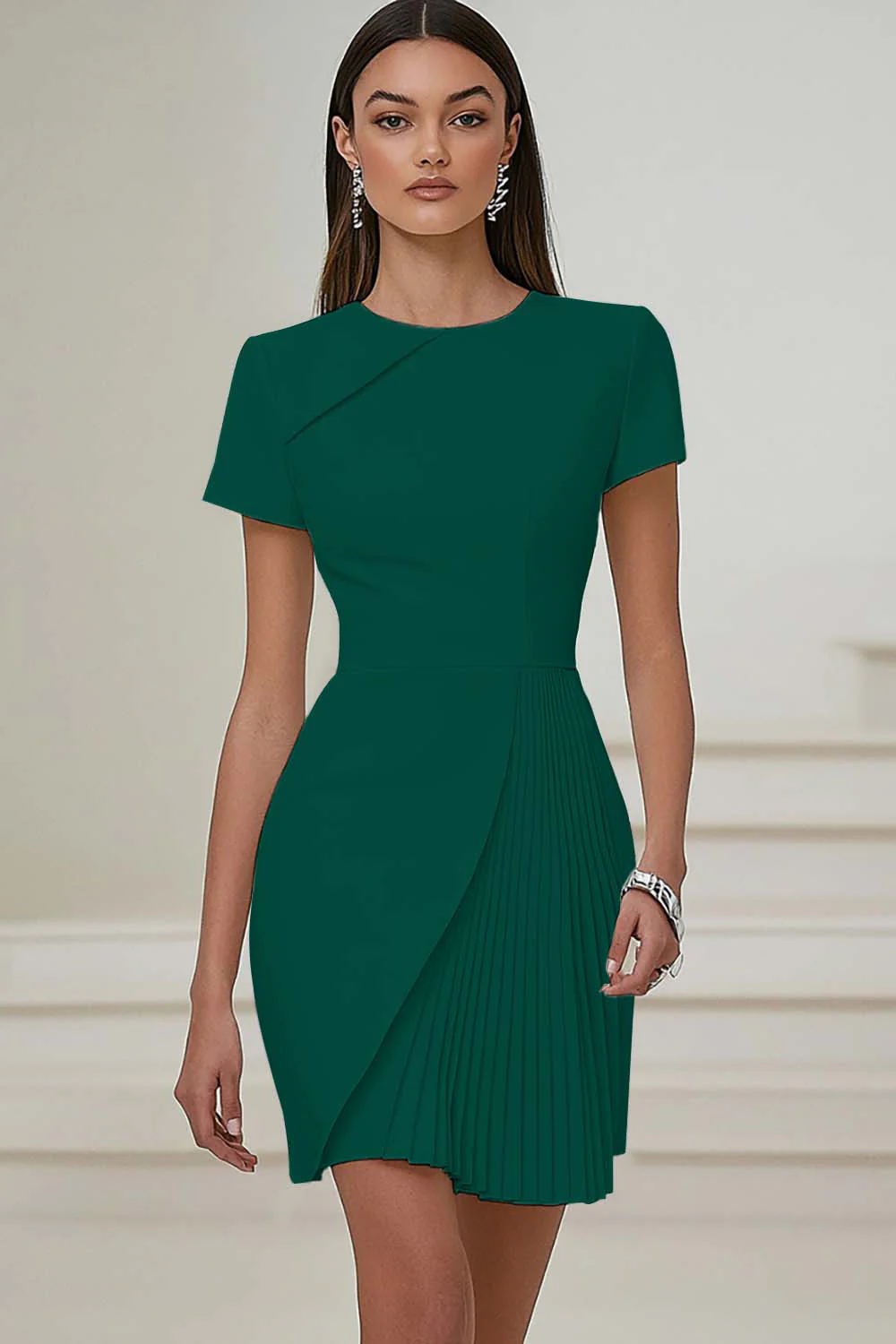 Ivory Pleated Work Dress with Short Sleeves - Image 5