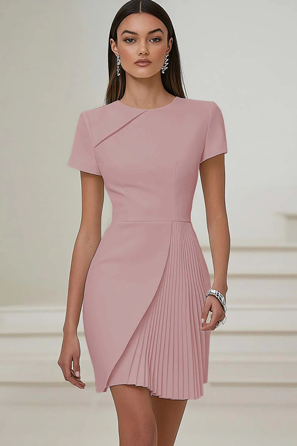 Ivory Pleated Work Dress with Short Sleeves - Image 7