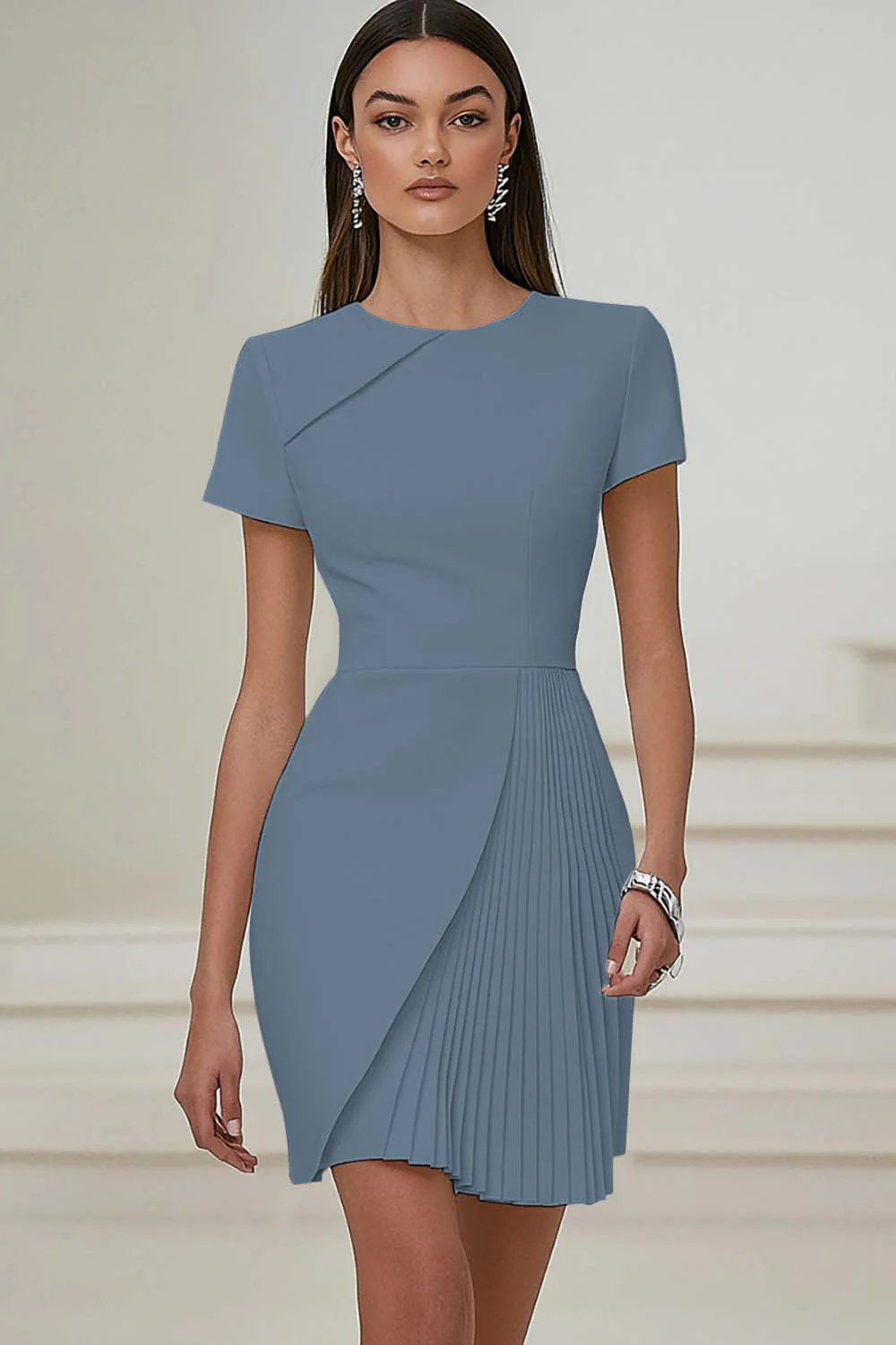 Ivory Pleated Work Dress with Short Sleeves - Image 8