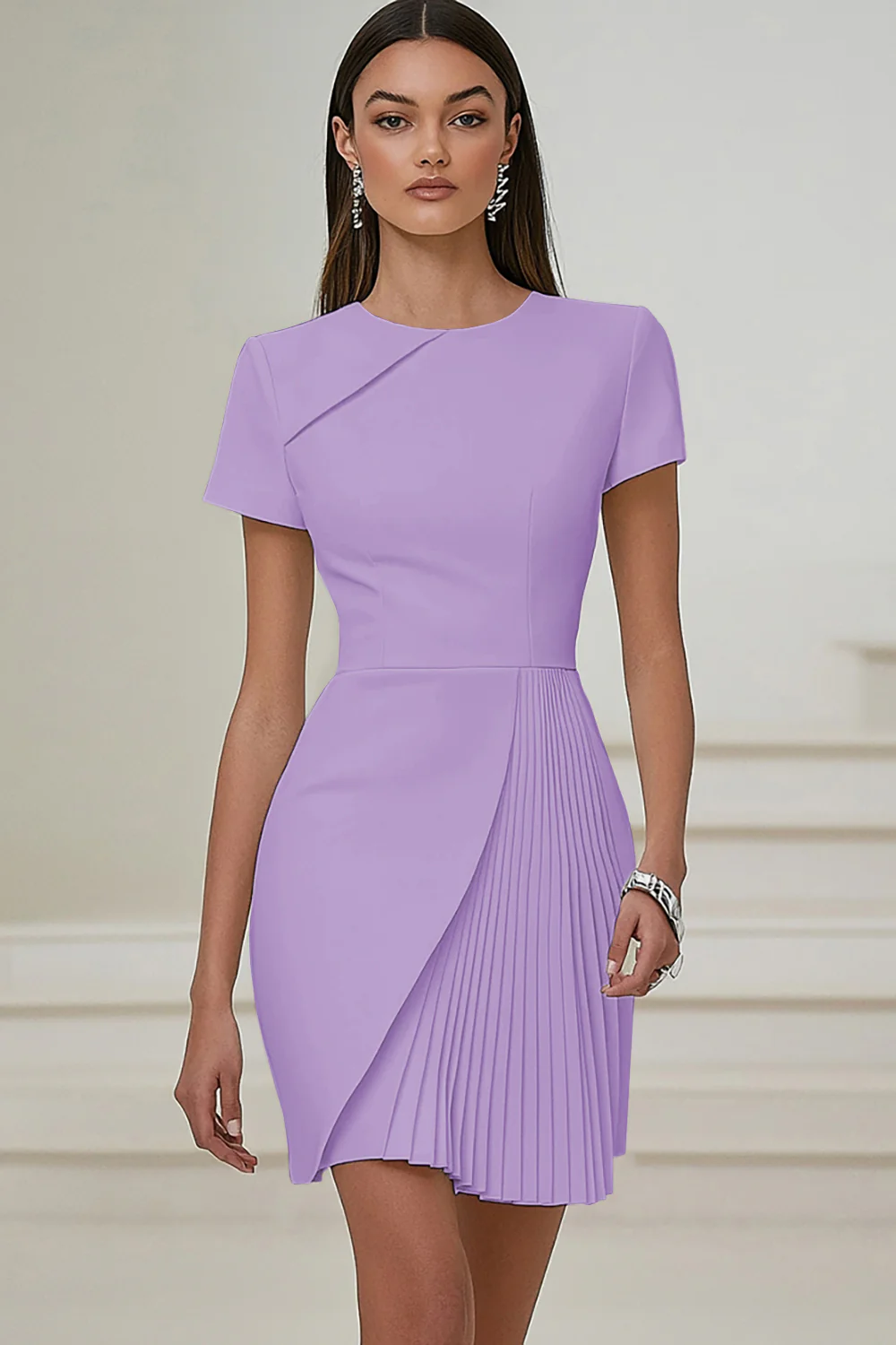 Ivory Pleated Work Dress with Short Sleeves - Image 9