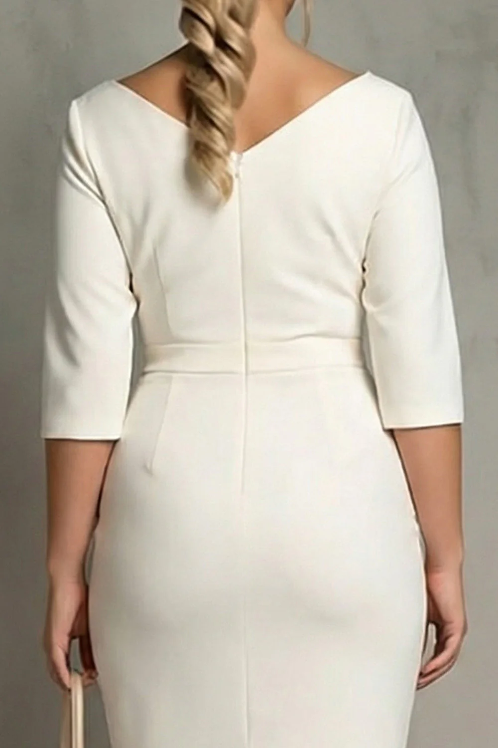 Ivory Plus Size Sheath Cowl Neck Midi Work Dress with Half Sleeves - Image 4