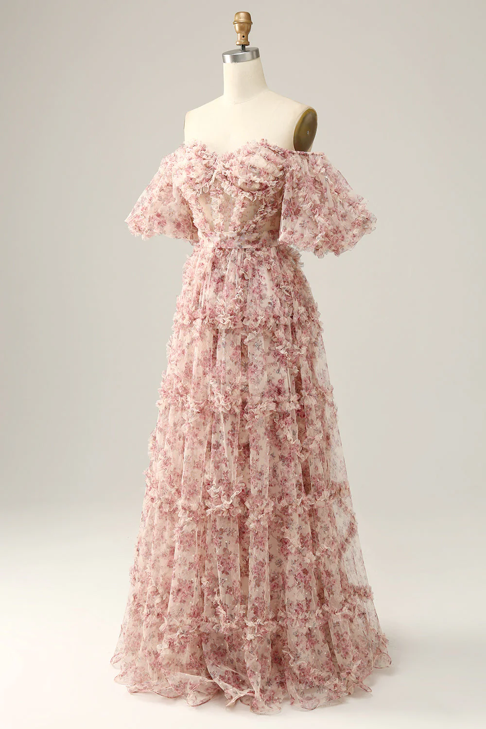 Ivory Red Flower Off The Shoulder Prom Dress - Image 3