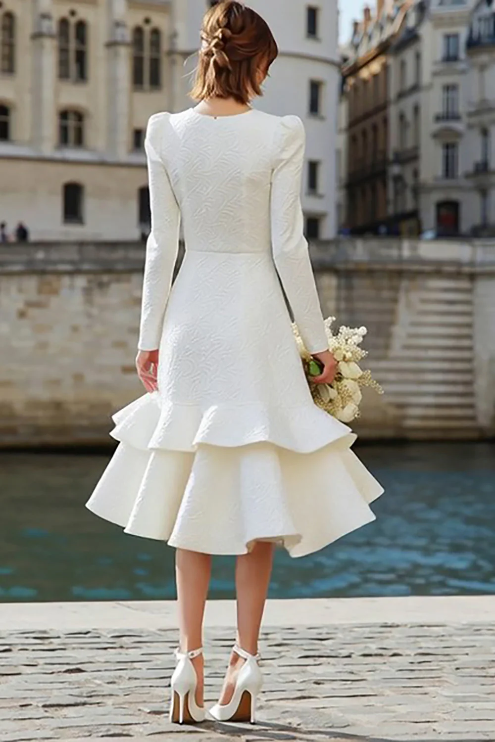 Ivory Round Neck A Line Long Sleeve Midi Engagement Dress - Image 2