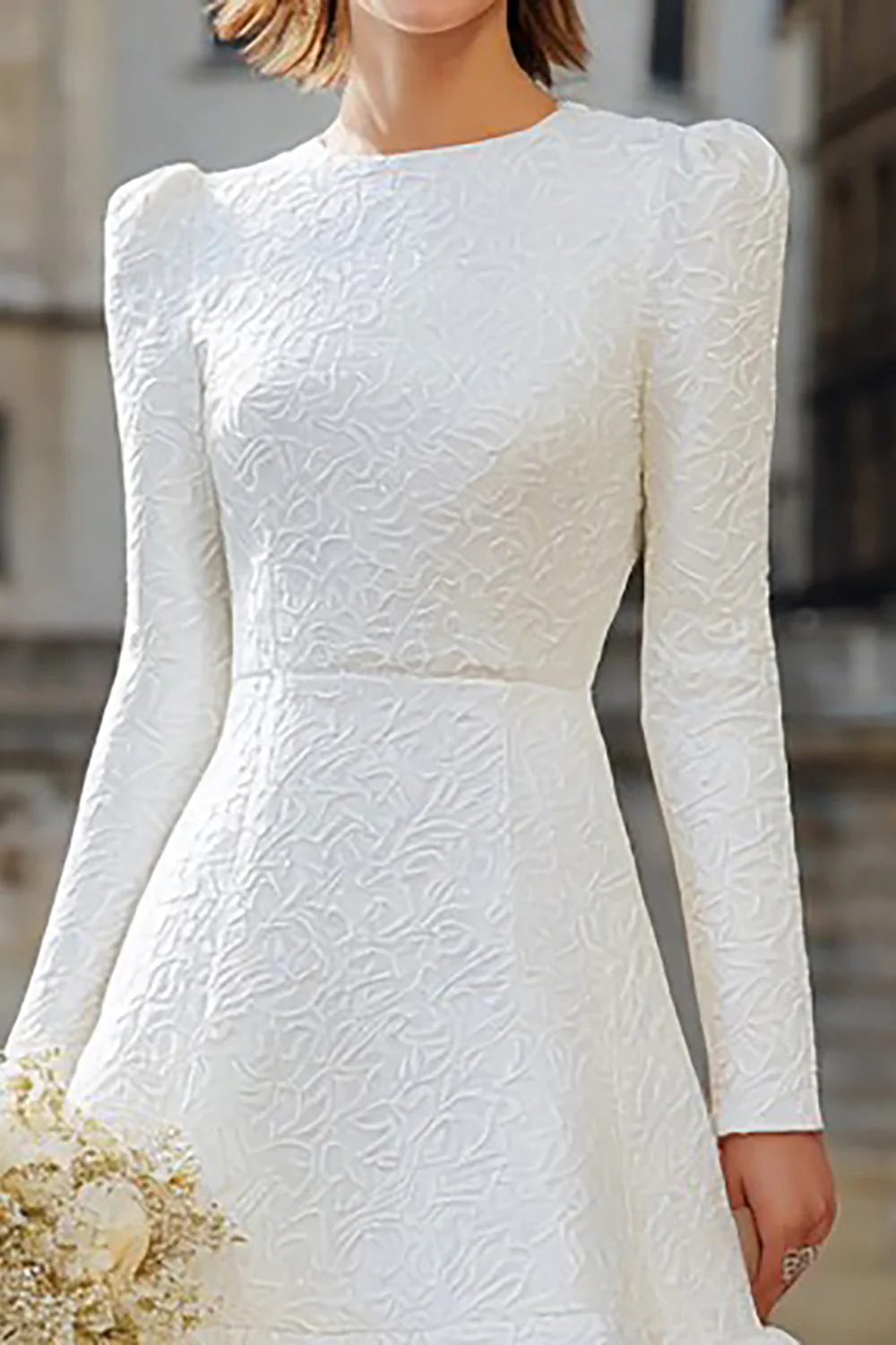 Ivory Round Neck A Line Long Sleeve Midi Engagement Dress - Image 3