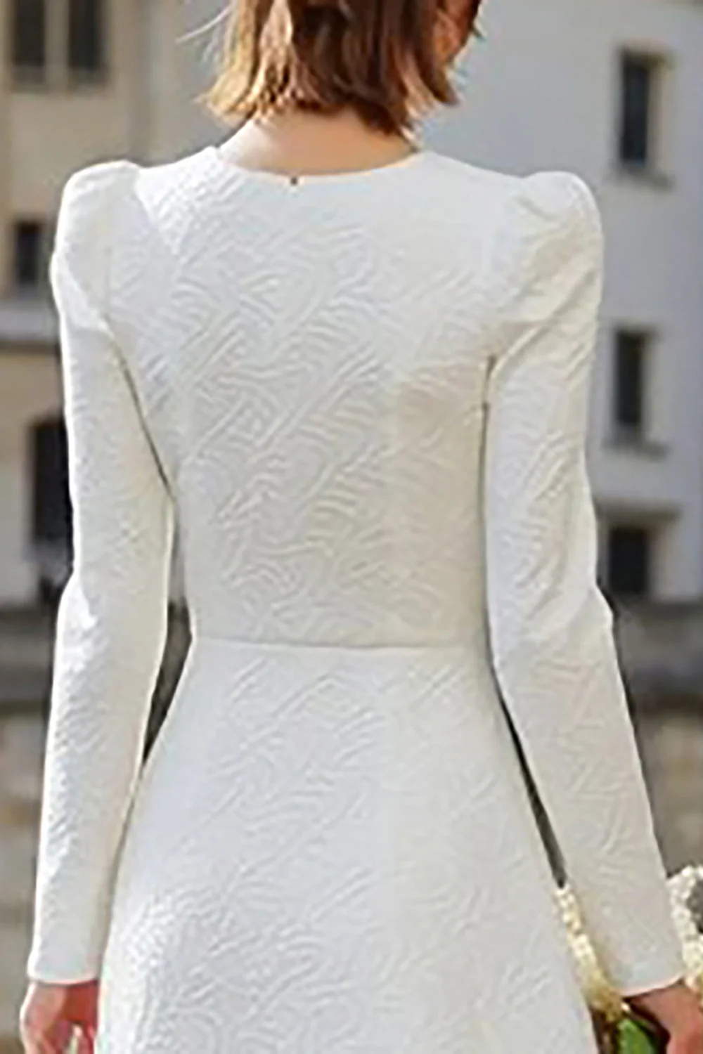 Ivory Round Neck A Line Long Sleeve Midi Engagement Dress - Image 4
