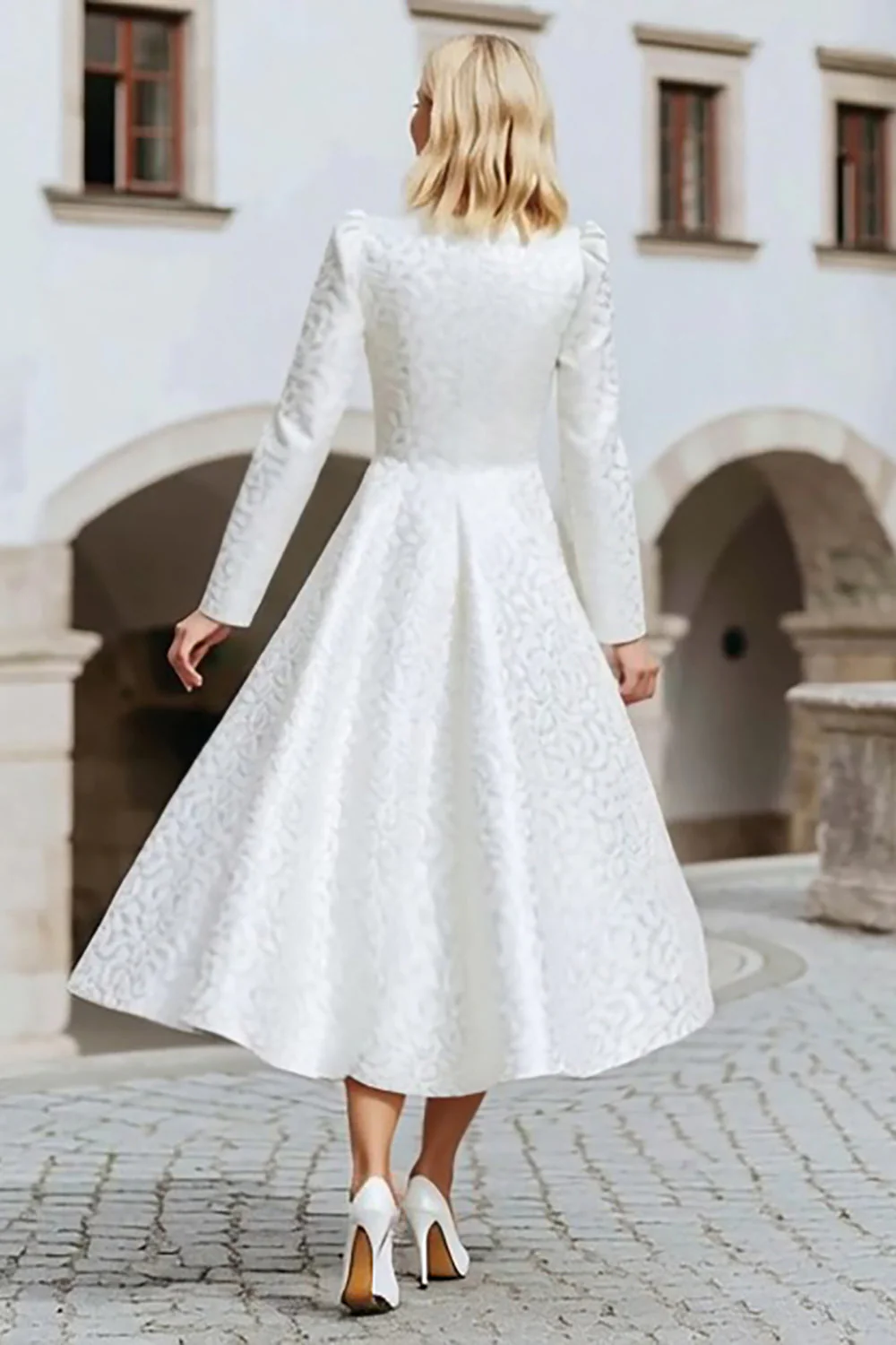 Ivory Round Neck Jacquard A Line Courthouse Wedding Dress - Image 2