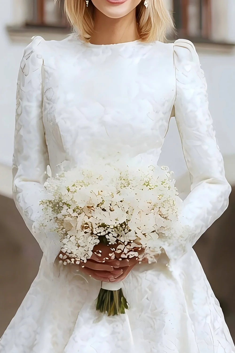 Ivory Round Neck Jacquard A Line Courthouse Wedding Dress - Image 3