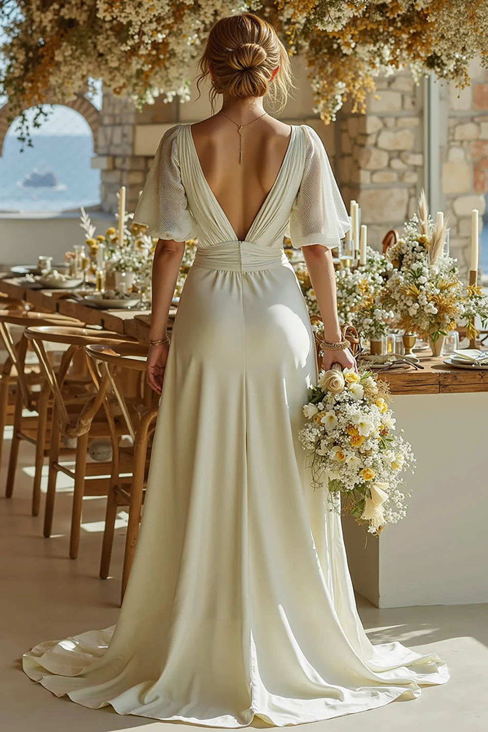 Ivory Ruched Short Sleeve V Neck Wedding Jumpsuits - Image 2