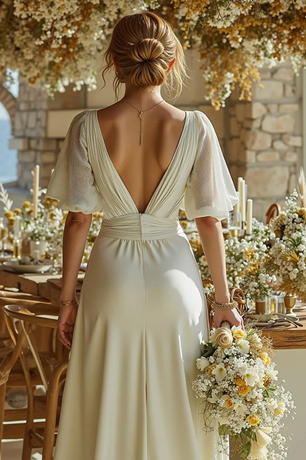 Ivory Ruched Short Sleeve V Neck Wedding Jumpsuits - Image 4