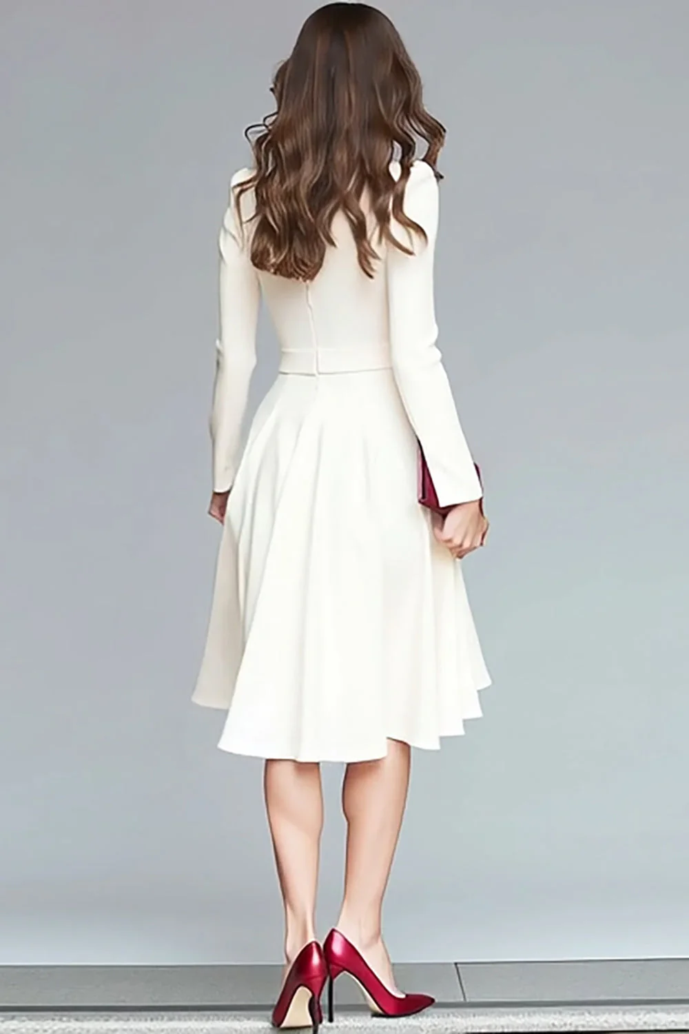 Ivory Ruffled A Line V Neck Midi Work Dress with Belt - Image 2