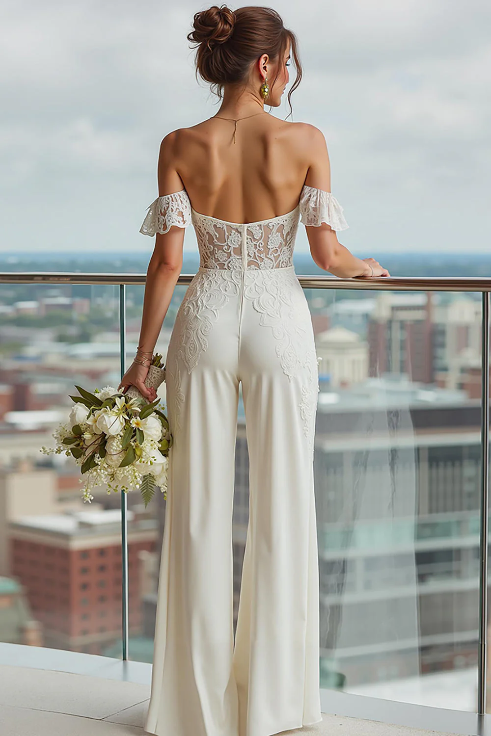 Ivory Ruffled Lace Off the Shoulder Bridal Jumpsuits - Image 2