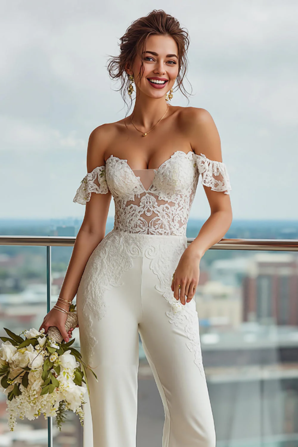 Ivory Ruffled Lace Off the Shoulder Bridal Jumpsuits - Image 3