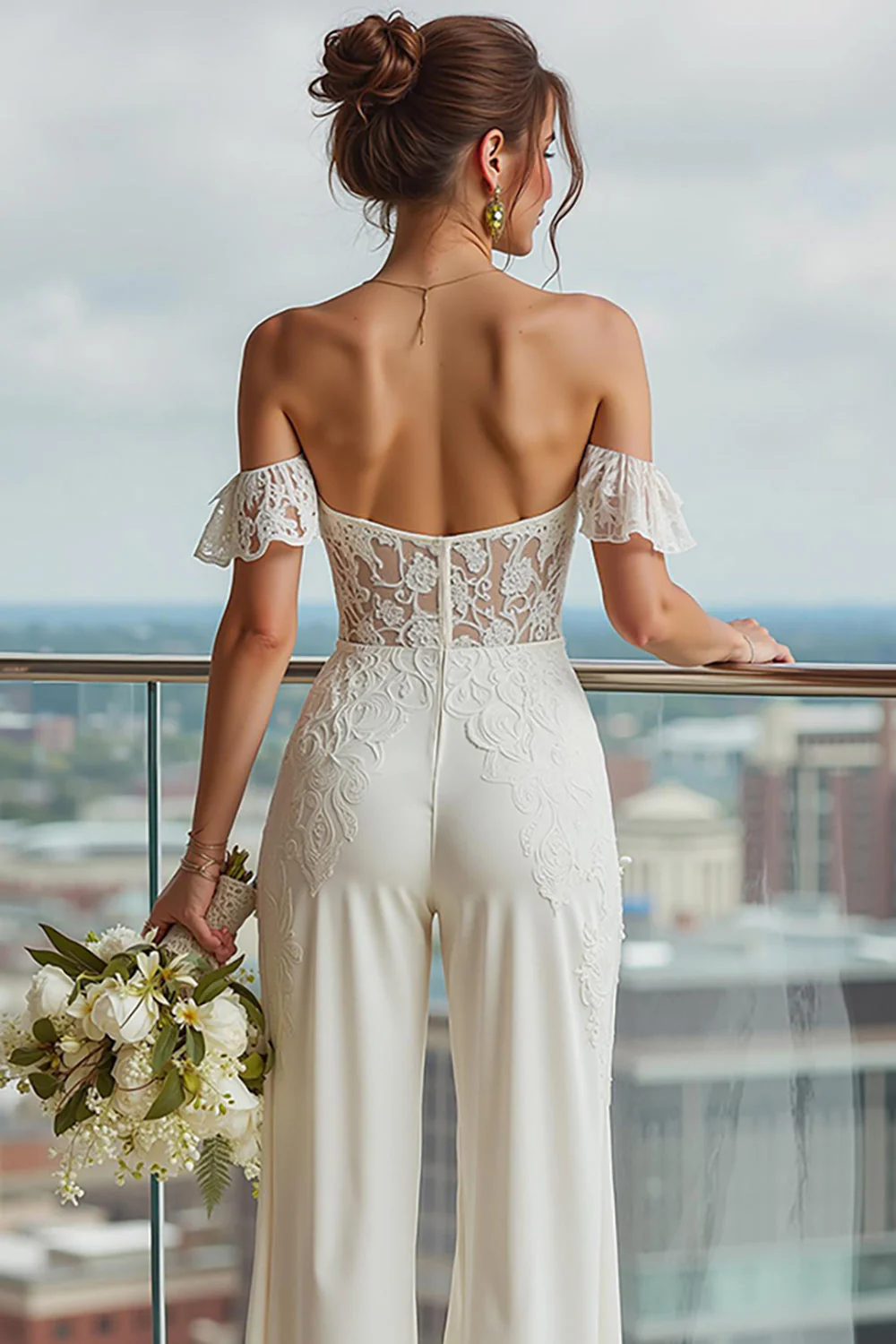 Ivory Ruffled Lace Off the Shoulder Bridal Jumpsuits - Image 4
