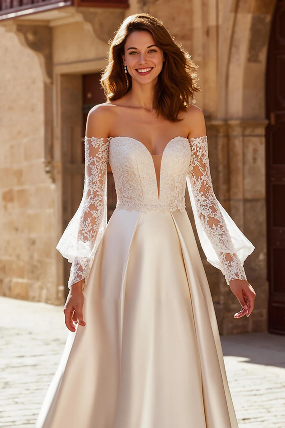 Ivory Satin A-Line Off the Shoulder Sweep Train Wedding Dress with Lace - Image 2