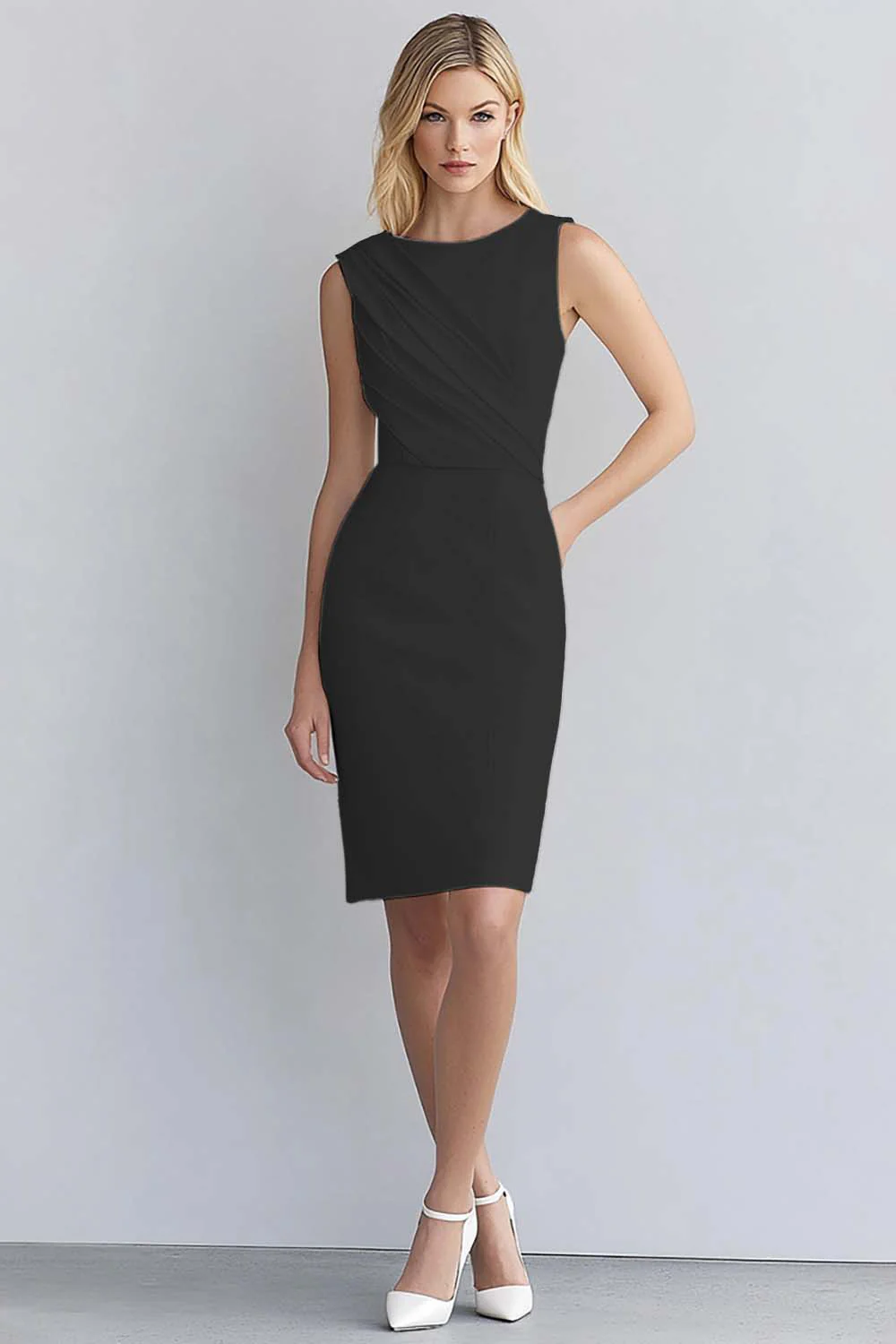 Ivory Satin Bodycon Sleeveless Short Work Dress - Image 3