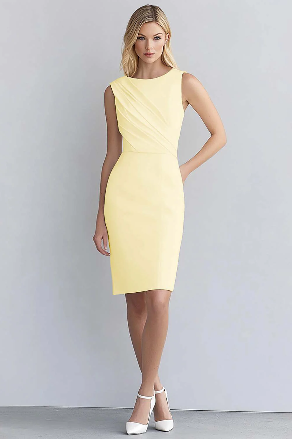 Ivory Satin Bodycon Sleeveless Short Work Dress - Image 4