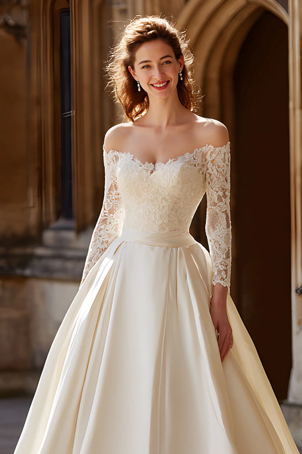 Ivory Satin Long Sleeves Ball Gown Floor Length Wedding Dress with Lace - Image 2