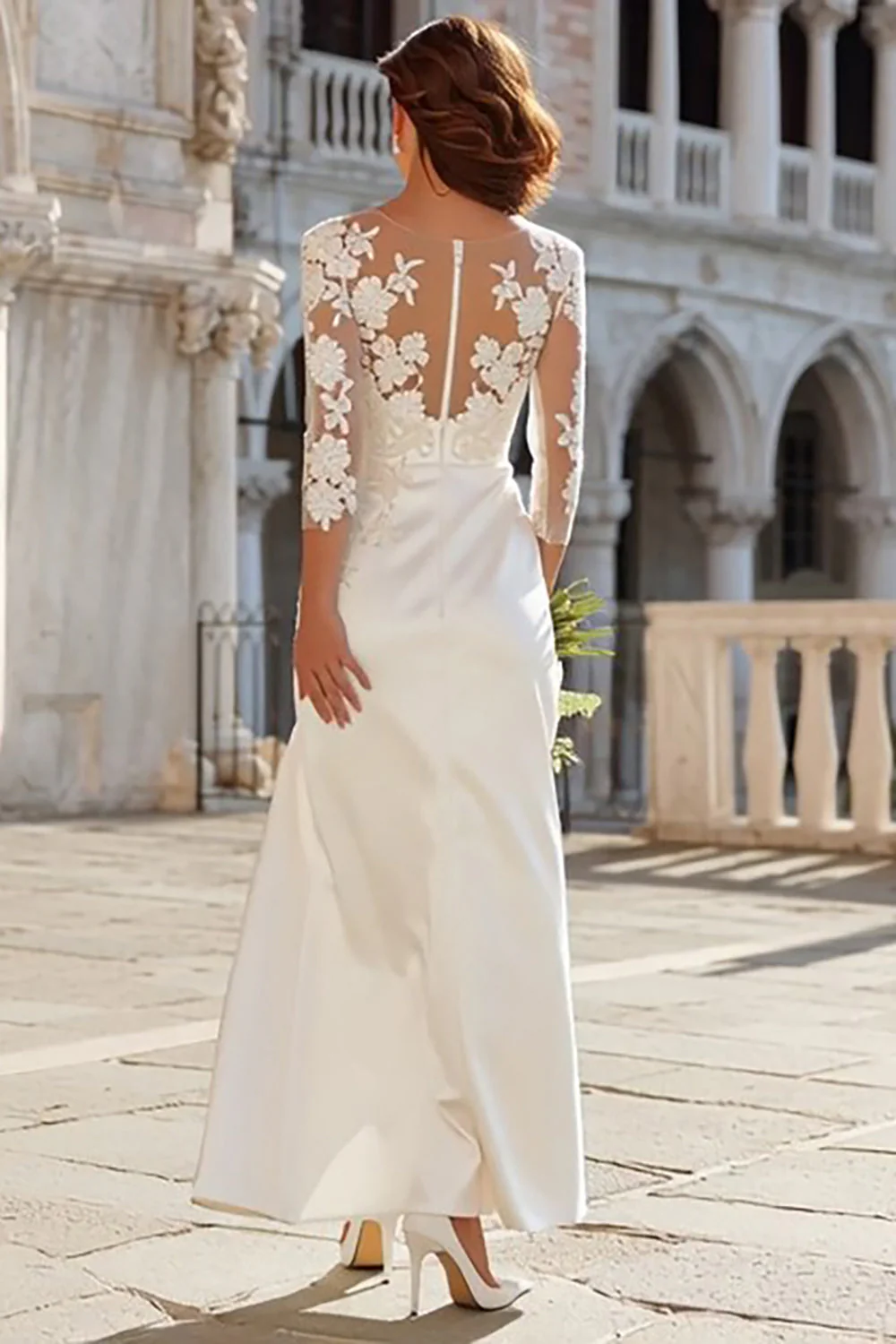 Ivory Satin Mermaid 3/4 Sleeve Engagement Dress with Slit - Image 2