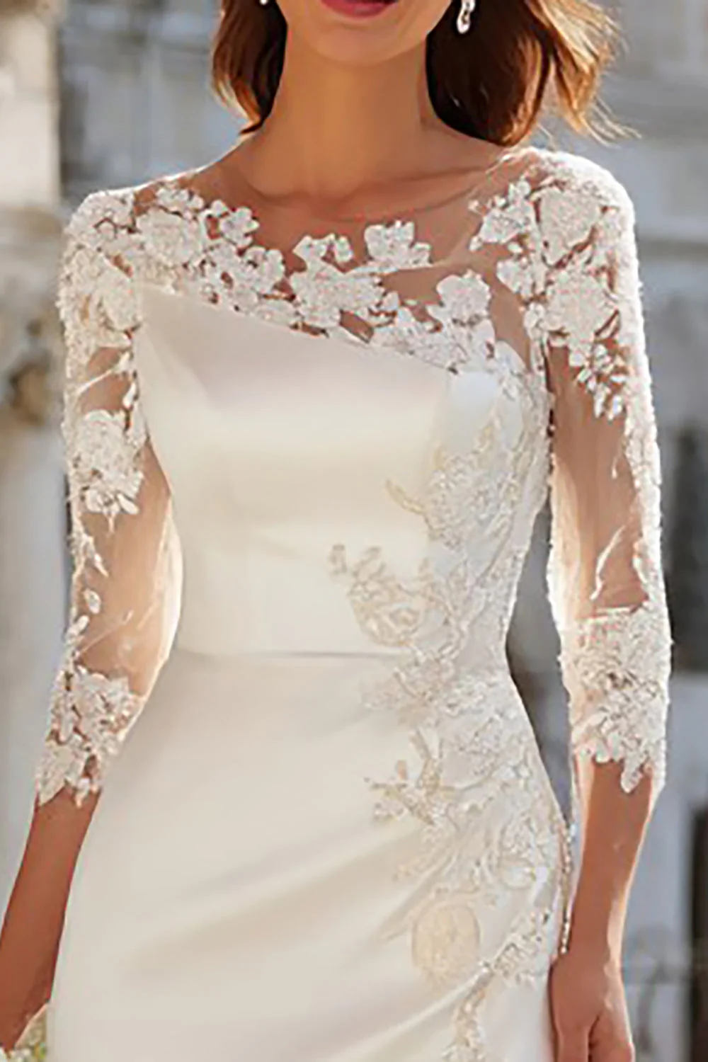 Ivory Satin Mermaid 3/4 Sleeve Engagement Dress with Slit - Image 3