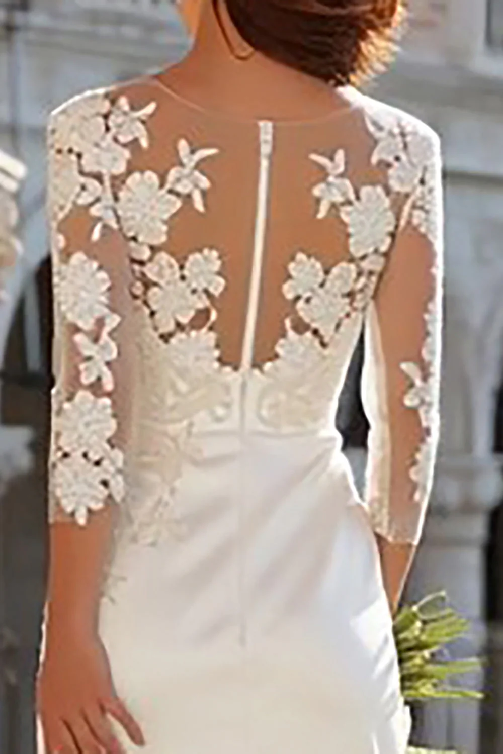 Ivory Satin Mermaid 3/4 Sleeve Engagement Dress with Slit - Image 4