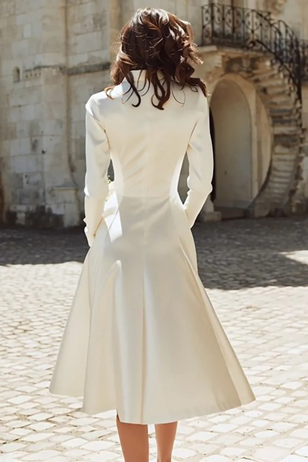 Ivory Satin Peaked Lapel A Line Midi Engagement Dress - Image 2