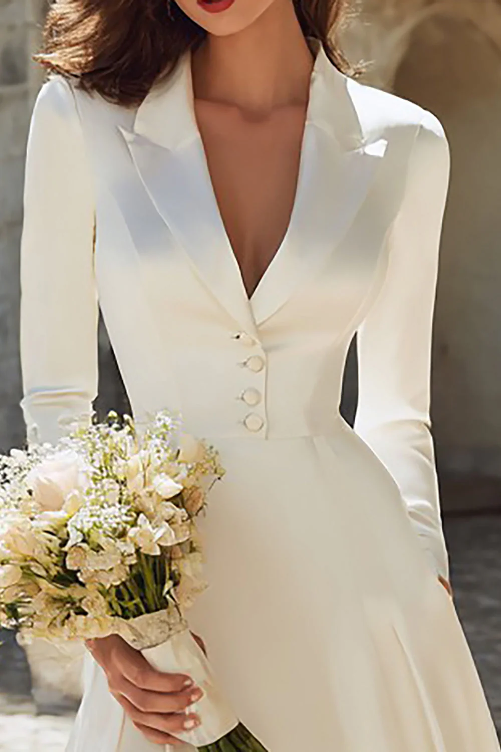 Ivory Satin Peaked Lapel A Line Midi Engagement Dress - Image 3