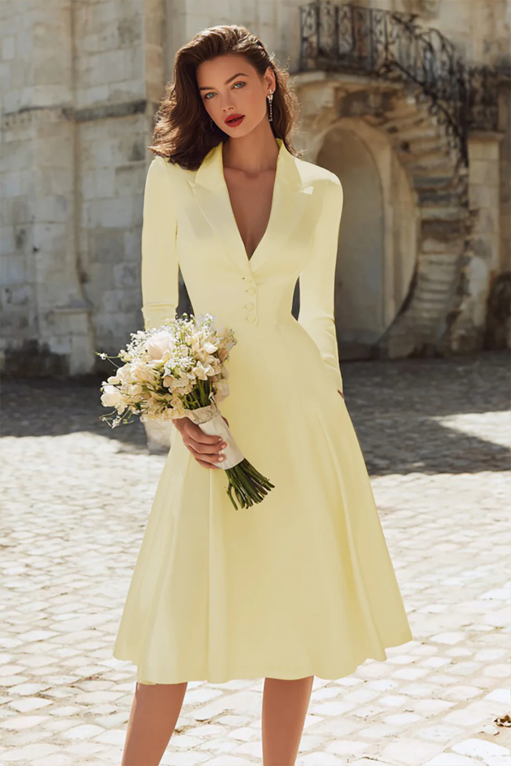 Ivory Satin Peaked Lapel A Line Midi Engagement Dress - Image 7