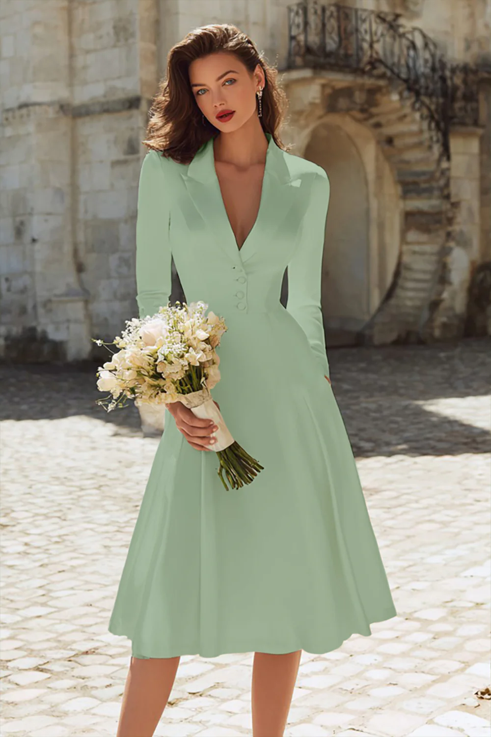 Ivory Satin Peaked Lapel A Line Midi Engagement Dress - Image 8