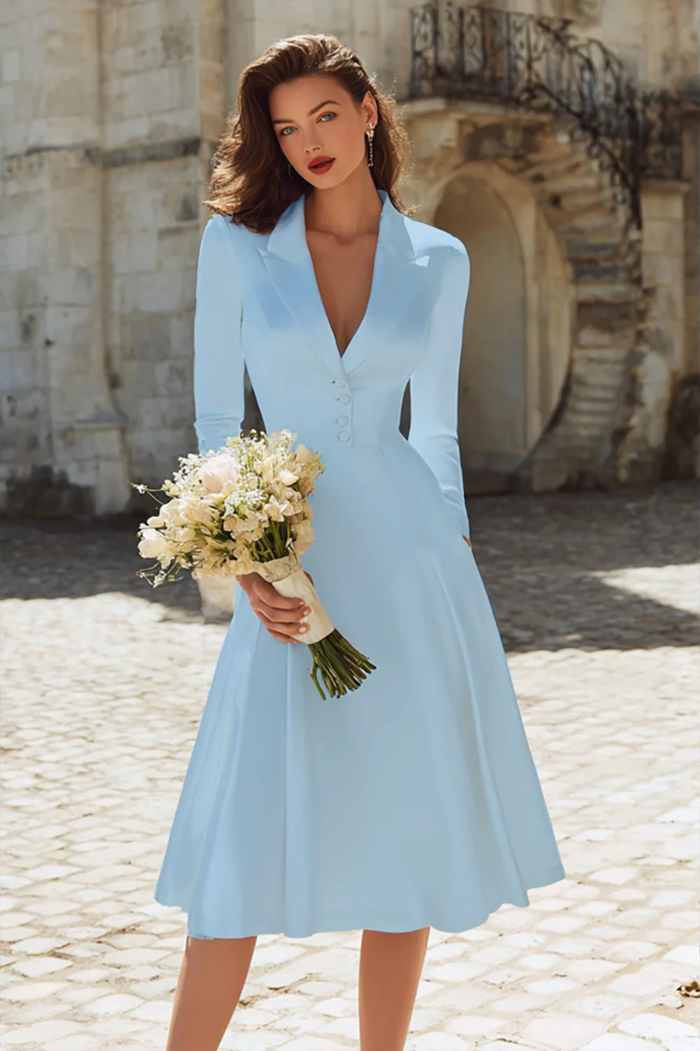 Ivory Satin Peaked Lapel A Line Midi Engagement Dress - Image 9