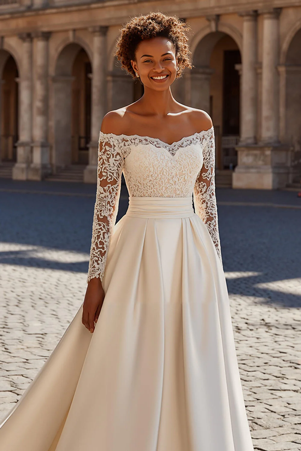 Ivory Satin Princess Long Sleeves  Court Train Wedding Dress with Lace - Image 2