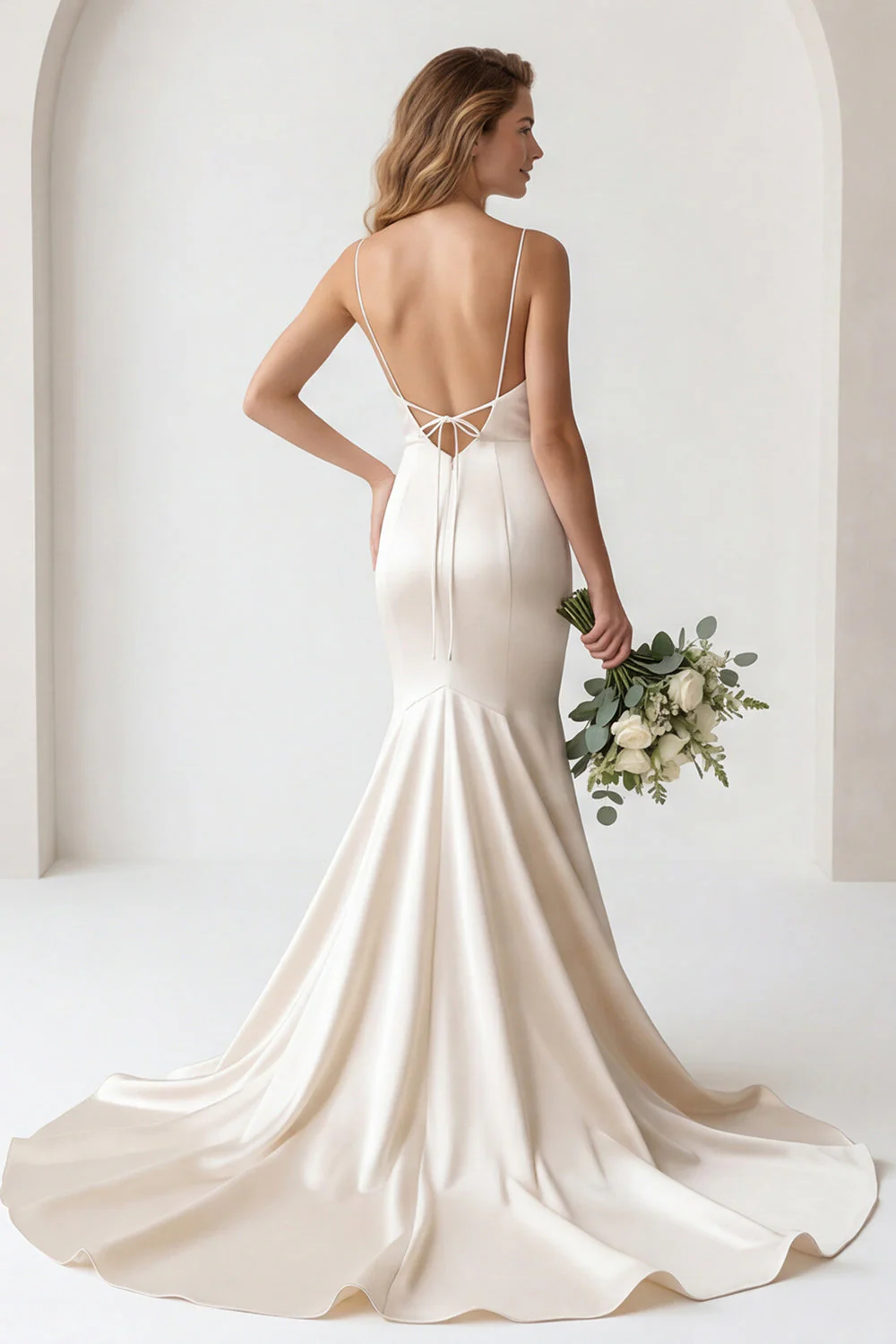 Ivory Satin Spaghetti Straps Sweep Train Mermaid Wedding Dress - Image 2
