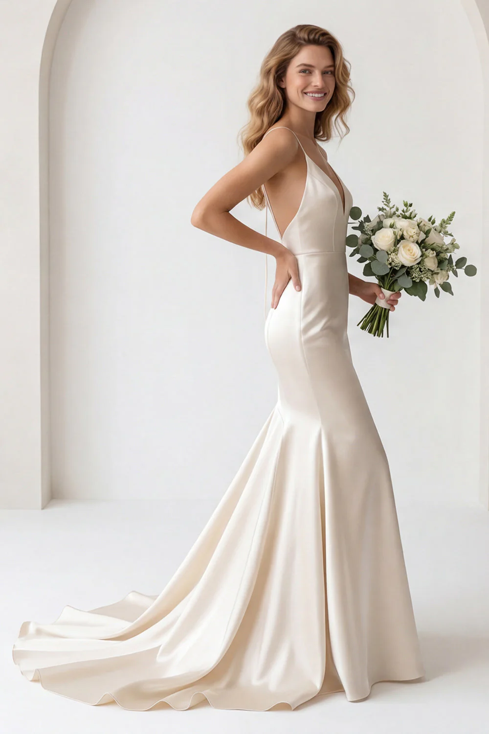 Ivory Satin Spaghetti Straps Sweep Train Mermaid Wedding Dress - Image 3