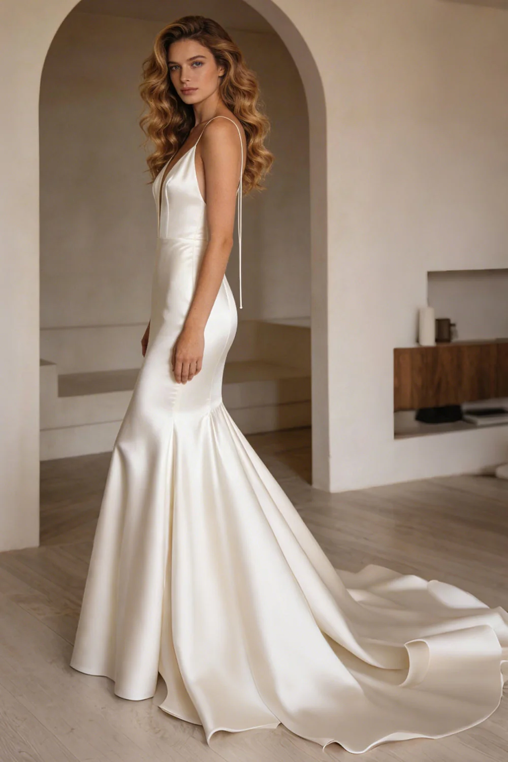 Ivory Satin Spaghetti Straps Sweep Train Mermaid Wedding Dress - Image 4