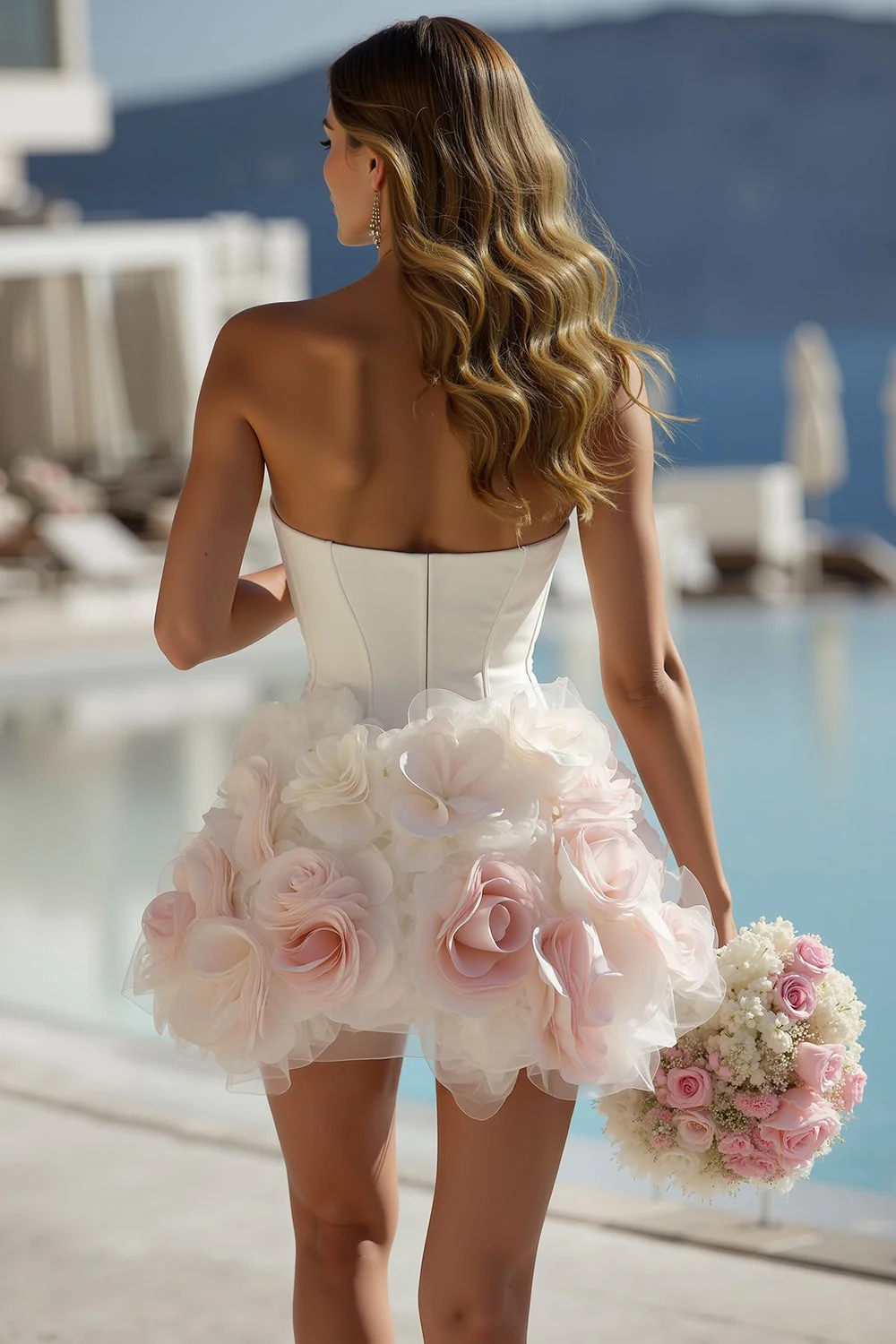 Ivory Satin Sweetheart Bodycon Short Wedding Dress with 3D Flowers - Image 2