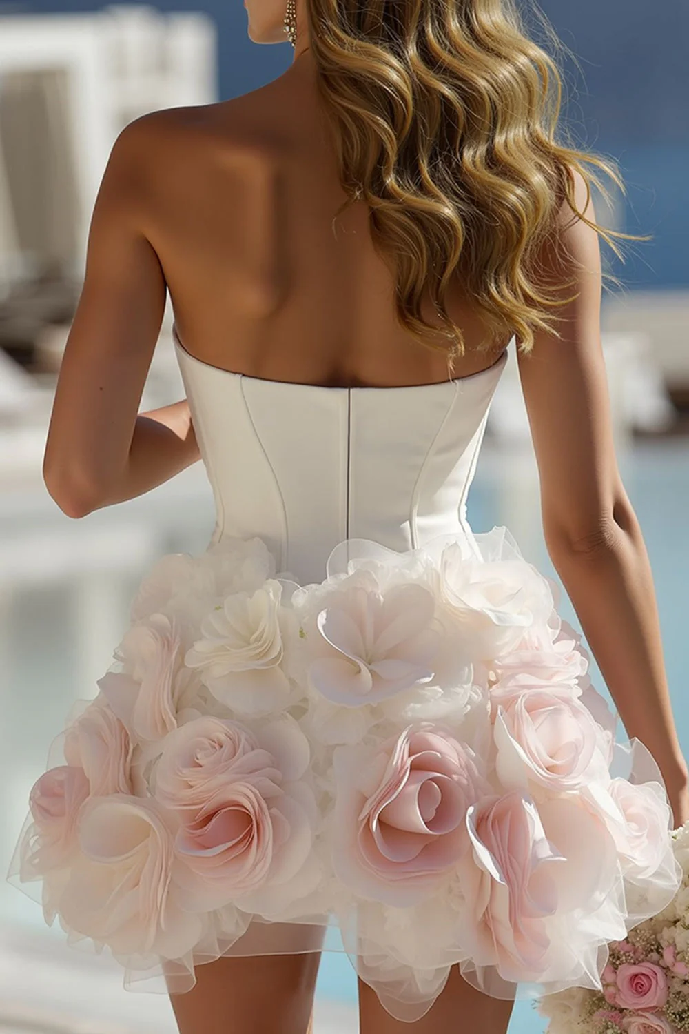 Ivory Satin Sweetheart Bodycon Short Wedding Dress with 3D Flowers - Image 4