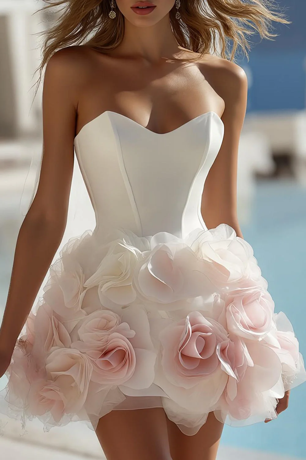 Ivory Satin Sweetheart Bodycon Short Wedding Dress with 3D Flowers - Image 5