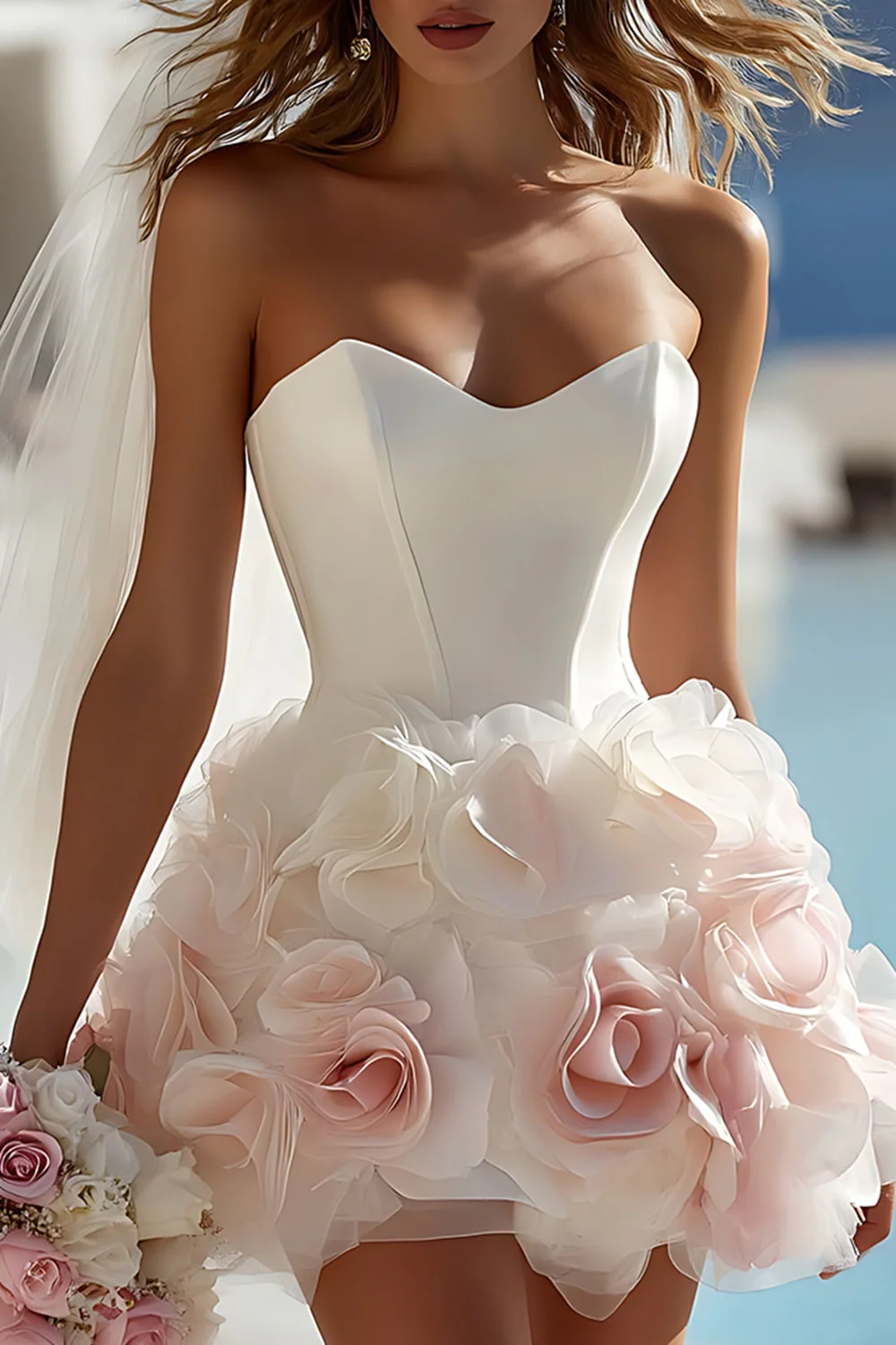 Ivory Satin Sweetheart Bodycon Short Wedding Dress with 3D Flowers - Image 6