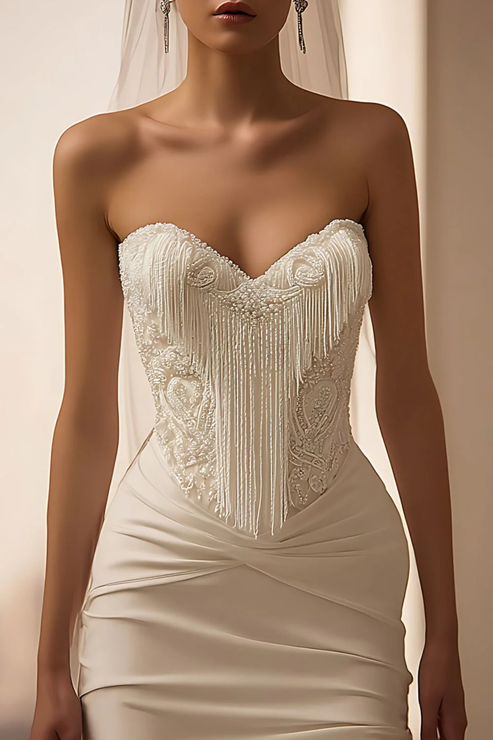 Ivory Satin Sweetheart Bodycon Short Wedding Dress with Fringes - Image 2