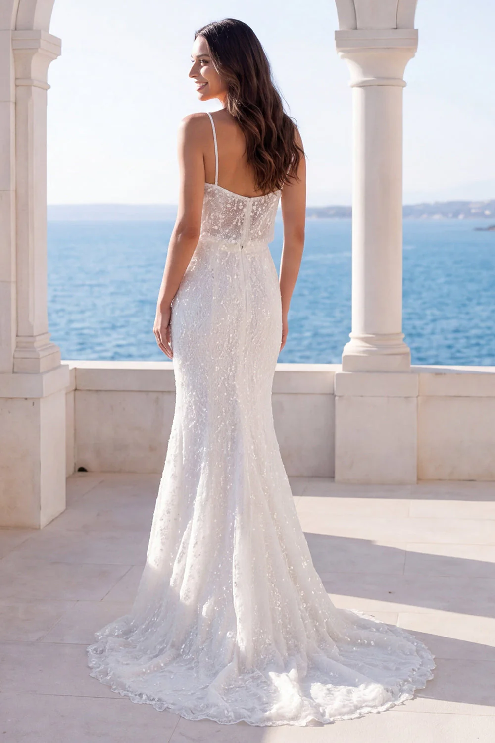 Sparkly Ivory Sequin Mermaid Spaghetti Straps Wedding Dress - Image 2