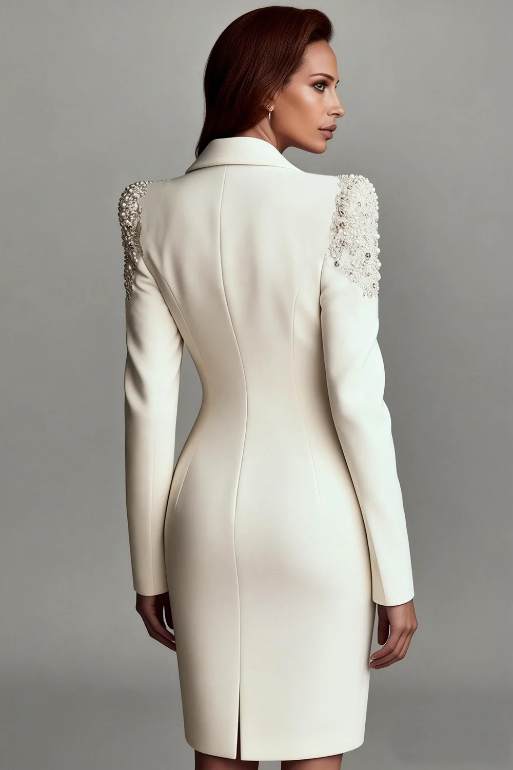 Ivory Shawl Lapel Satin Work Dress with Long Sleeves - Image 2