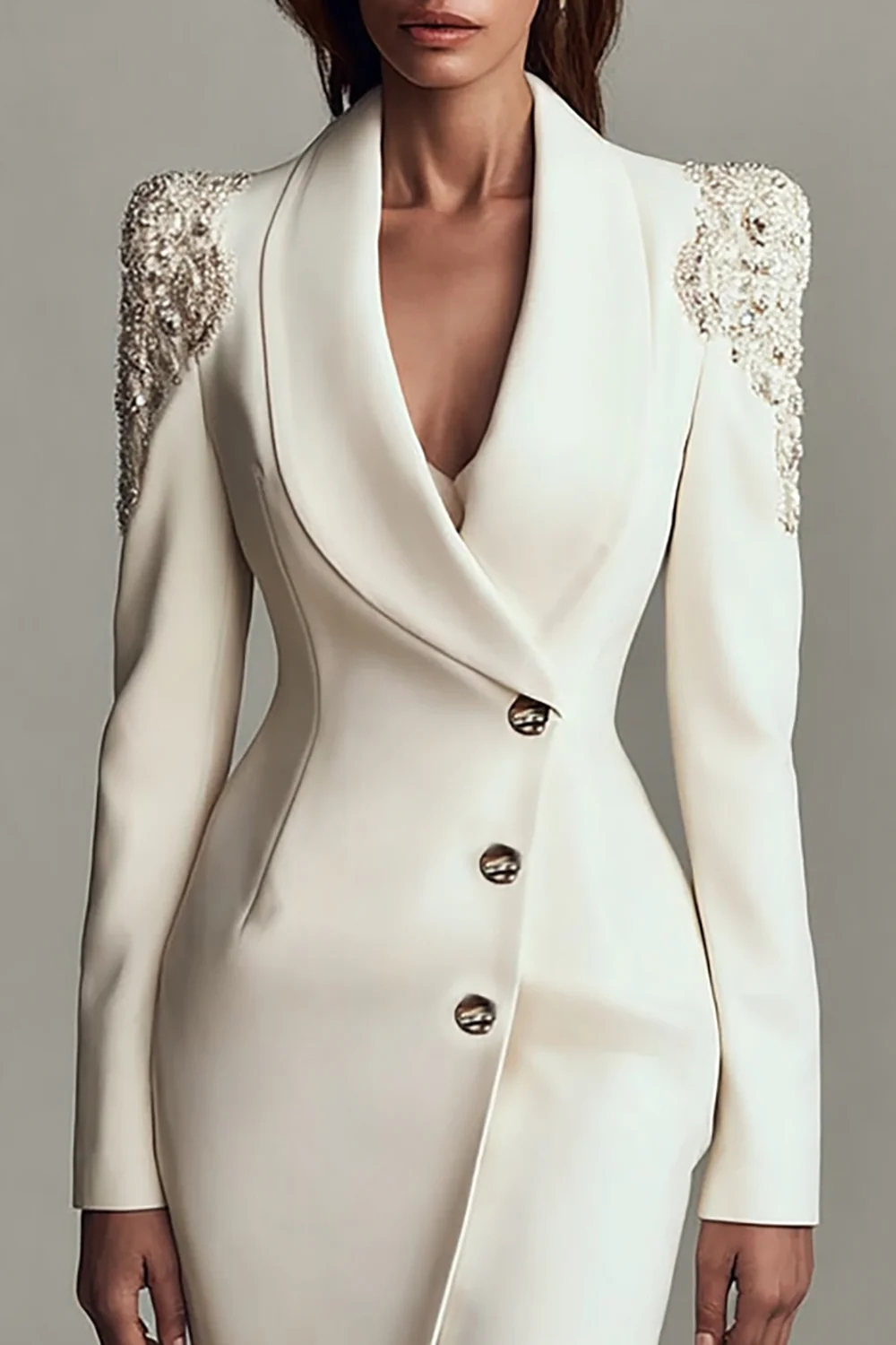 Ivory Shawl Lapel Satin Work Dress with Long Sleeves - Image 3