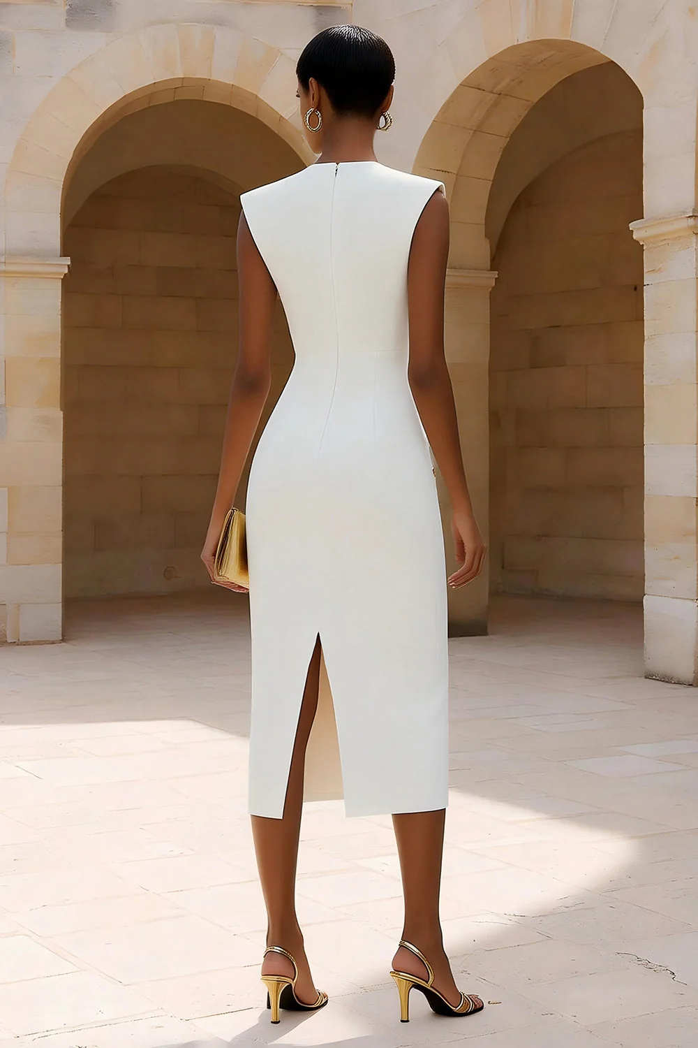 Ivory Sheath Bateau Neck Double Breasted Midi Work Dress - Image 2