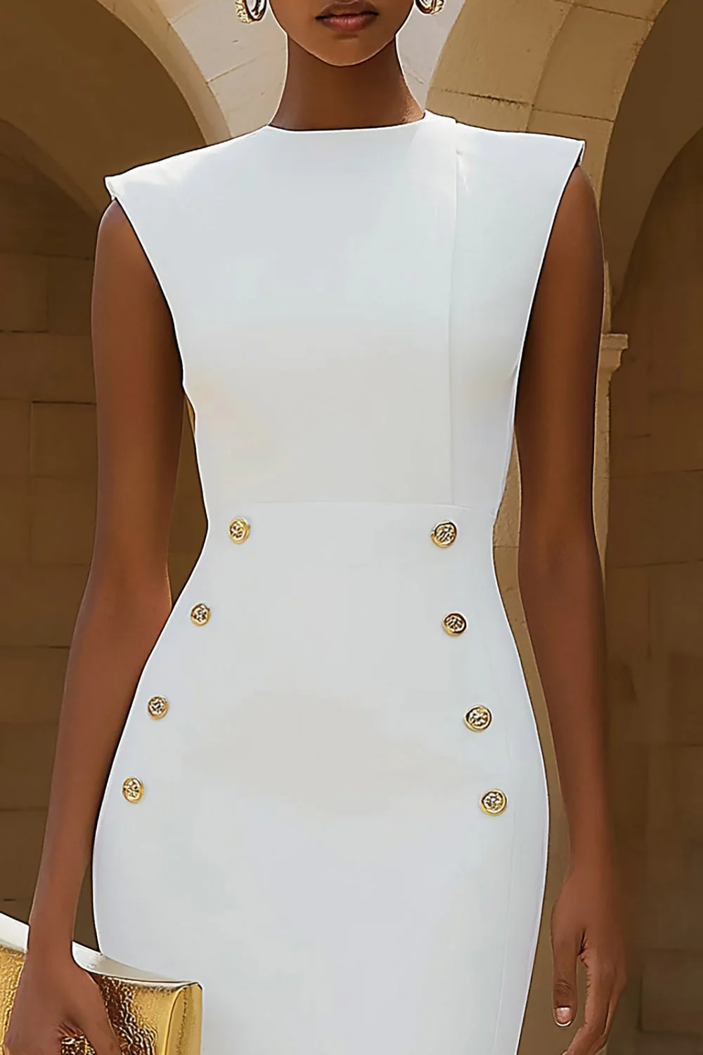 Ivory Sheath Bateau Neck Double Breasted Midi Work Dress - Image 3