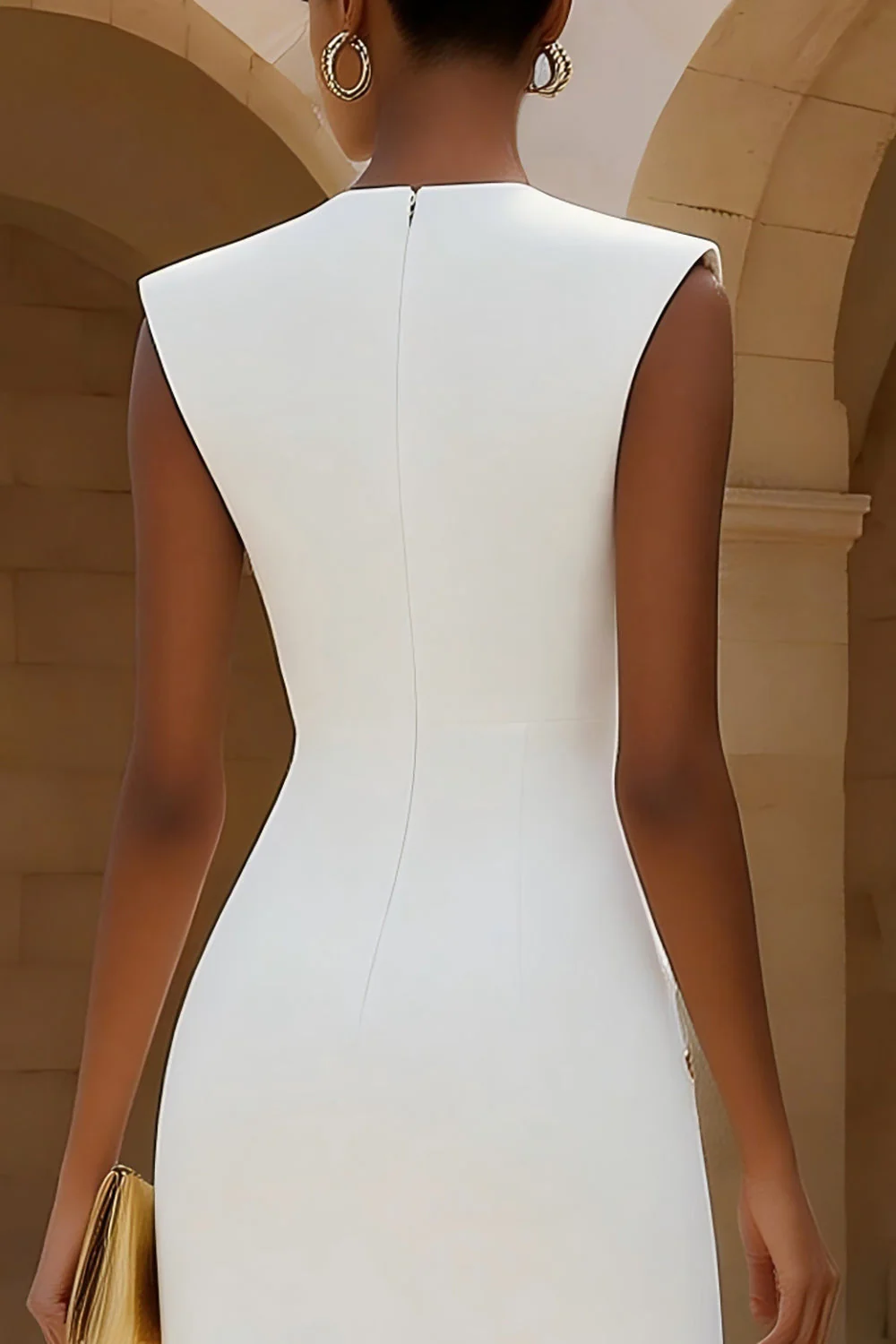 Ivory Sheath Bateau Neck Double Breasted Midi Work Dress - Image 4